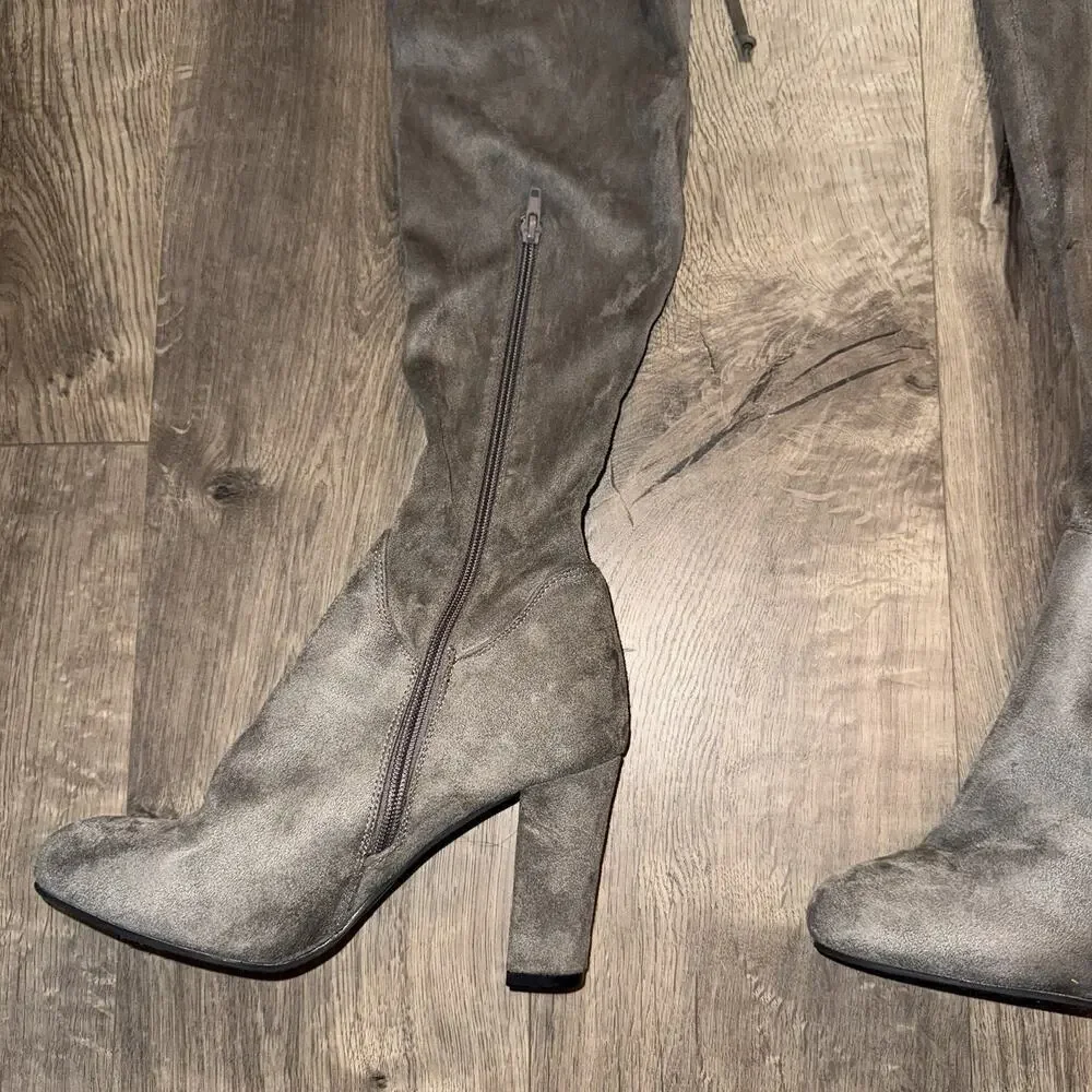 Beston Gray Faux Suede Tall Over the Knee High Heeled Boots Pointed Toe Women 9